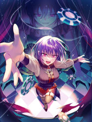 1girl akitsuki_(oenothera) amoris_(bang_dream!) bang_dream! bang_dream!_it&#039;s_mygo!!!!! breasts commentary_request frilled_shirt frills garter_straps glint grey_shirt grey_thighhighs highres looking_at_viewer medium_breasts off-shoulder_shirt off_shoulder open_mouth pink_eyes poker_chip purple_hair red_brooch red_shoes red_shorts shirt shoes short_hair shorts sweat teeth thighhighs upper_teeth_only yuutenji_nyamu