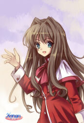 Rule 34 | 1girl, :d, \||/, aqua eyes, arm at side, bow, brown hair, capelet, commentary, copyright name, cowboy shot, dress, eyelashes, floating hair, hair intakes, hand up, highres, kanon, long hair, longmei er de tuzi, looking at viewer, misaka kaori, open hand, open mouth, pink bow, purple background, red dress, retro artstyle, school uniform, simple background, smile, solo, standing, very long hair, waving, wavy hair, white capelet