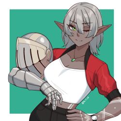1girl arm_tattoo black_pants border commentary cropped_jacket dark-skinned_female dark_elf dark_skin elf english_commentary gauntlets green_background green_eyes grey_hair hair_between_eyes hand_on_own_hip helmet highres jacket jewelry looking_at_viewer mawaridi midriff necklace no_headwear one_eye_closed original outside_border pants pointy_ears red_jacket shirt short_hair simple_background single_gauntlet smile solo tattoo unworn_headwear white_border white_shirt yvonne_(mawaridi)