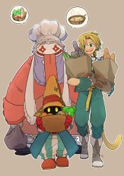 1other 2boys artist_name bag baguette belt_buckle bib black_mage_(final_fantasy) blonde_hair blue_coat boots bowl bread buckle chef_hat coat final_fantasy final_fantasy_ix food full_body gloves green_pants grey_background grey_footwear grey_gloves groceries grocery_bag hat holding holding_bag holding_bowl male_focus monkey_tail multiple_boys open_mouth pants parted_bangs pink_coat quina_quen red_footwear red_gloves salad shopping_bag short_hair smile soup spoken_food spring_onion striped_clothes striped_pants tail takase_toho tongue tongue_out vivi_ornitier walking wizard_hat wrist_cuffs yellow_eyes zidane_tribal