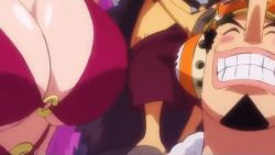 1girl 2boys animated animated_gif beard beast_pirates_uniform bikini blush bouncing_breasts breasts cleavage facial_hair goatee grin head_out_of_frame large_breasts military_vehicle motor_vehicle multiple_boys nami_(one_piece) nami_(one_piece)_(onigashima) one_piece shiny_skin smile swimsuit tank usopp