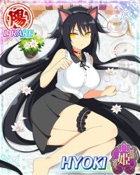 10s 1girl animal_ears bare_shoulders barefoot bell black_hair breasts card_(medium) cat_ears character_name closed_mouth collar fake_animal_ears female_focus hair_between_eyes hyoki_(senran_kagura) large_breasts long_hair lying neck_bell official_art on_side on_table paw_pose senran_kagura senran_kagura_new_wave skirt solo table trading_card very_long_hair yaegashi_nan yellow_eyes