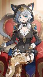 1girl absurdres animal_ears animal_hood black_gloves blue_eyes breasts cat_ears cat_girl cat_tail chair cipher_(honkai:_star_rail) cleavage commentary_request crossed_legs fingerless_gloves gloves grey_hair highres honkai:_star_rail honkai_(series) hood indoors large_breasts looking_at_viewer open_mouth sitting smile solo tail wangqi
