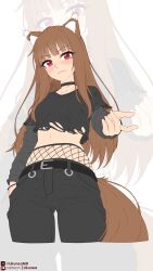 1girl absurdres animal_ear_fluff animal_ears belt black_belt black_pants black_shirt blush brown_hair closed_mouth commentary cropped_legs english_commentary fishnet_pantyhose fishnets goth_fashion hand_in_pocket high-waist_pantyhose highres holo layered_sleeves likunea long_hair long_sleeves navel outstretched_arm pants pantyhose patreon_logo patreon_username reaching reaching_towards_viewer red_eyes shirt short_over_long_sleeves short_sleeves spice_and_wolf tail torn_clothes torn_shirt twitter_username twitter_x_logo very_long_hair wolf_ears wolf_girl wolf_tail zoom_layer