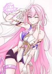 1girl ;) black_shorts breasts chinese_commentary cleavage commentary_request corset diamond-shaped_pupils diamond_(shape) elysia_(herrscher_of_human:_ego)_(honkai_impact) elysia_(honkai_impact) gloves honkai_(series) honkai_impact_3rd large_breasts long_hair neptune_(user_xwvh2323) one_eye_closed pink_hair purple_eyes short_shorts shorts signet_of_ego simple_background smile solo symbol-shaped_pupils thigh_strap thighs triquetra veil very_long_hair white_background white_corset white_gloves white_veil