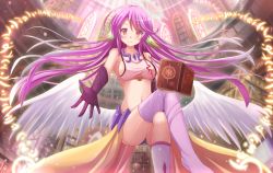 10s 1girl angel_wings arch asymmetrical_legwear blush book bookshelf breasts collarbone crossed_legs feathered_wings female_focus flying foreshortening gloves gradient_eyes gradient_hair halo highres jibril_(no_game_no_life) kazenokaze large_breasts library light_rays long_hair looking_at_viewer low_wings midriff mismatched_legwear multicolored_eyes multicolored_hair navel no_game_no_life orange_eyes outstretched_arm pink_eyes pink_hair purple_thighhighs reaching shiny_skin shoes sideboob silver_hair single_shoe smile solo spiked_halo sunbeam sunlight tattoo thighhighs thighs white_wings wings