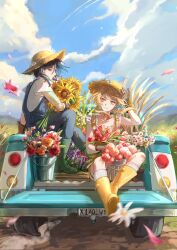 1boy 1girl alternate_costume arm_tattoo arm_up bandaid bandaid_on_knee bandaid_on_leg black_hair blonde_hair blue_overalls blurry boots brown_gloves bucket closed_mouth cloud commentary contemporary daisy_(flower) day depth_of_field earclip english_commentary eyeliner facial_mark flower forehead_mark genshin_impact gloves grass green_boots green_hair hair_between_eyes hand_on_headwear hat hat_flower highres holding holding_flower license_plate light_blush looking_at_another lumine_(genshin_impact) makeup motor_vehicle mouth_hold multicolored_hair on_truck outdoors overall_shorts overalls peatchoune pickup_truck pink_flower pink_petals red_eyeliner red_flower shirt short_hair_with_long_locks short_sleeves sitting sleeveless sleeveless_shirt smile socks stalk_in_mouth straw_hat streaked_hair sunflower tattoo truck tulip wheat white_flower white_shirt white_socks wind xiao_(genshin_impact) yellow_boots yellow_eyes yellow_flower yellow_overalls