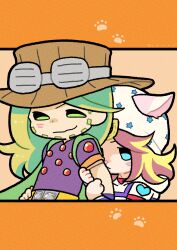 Rule 34 | 2boys, absurdres, animal ears, arm hug, beard, belt, belt buckle, blonde hair, blue eyes, blush, brown hat, buckle, cape, cat ears, chibi, chibi only, commentary, cowboy hat, english commentary, facial hair, goggles, goggles on headwear, green cape, green eyes, gyro zeppeli, hat, heart ornament, highres, hood, hood down, hoodie, horseshoe hat ornament, horseshoe ornament, johnny joestar, jojo no kimyou na bouken, kemonomimi mode, long hair, m a a m 8, male focus, medium hair, multiple boys, orange sleeves, paw print, paw print background, purple shirt, purple sleeves, red sleeves, shirt, short sleeves, smile, star (symbol), star print, steel ball run, two-tone sleeves, white hat, white hoodie, white sleeves, yellow belt