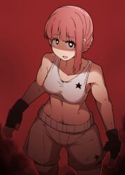 1girl black_eyes breasts fingerless_gloves gloves highres hongou_hina isshou_senkin looking_at_viewer navel nns_(sobchan) partially_shaded_face pink_hair red_background shorts solo sportswear star-shaped_pupils star_(symbol) symbol-shaped_pupils tank_top toned toned_female white_shorts white_tank_top