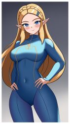 1girl blonde_hair blue_bodysuit blue_eyes blush bodysuit braid breasts cosplay fingerless_gloves gloves grey_background hair_ornament hairclip highres long_hair long_sleeves looking_at_viewer mcarthur1010 medium_breasts metroid nintendo pointy_ears princess_zelda samus_aran samus_aran_(cosplay) simple_background solo the_legend_of_zelda the_legend_of_zelda:_breath_of_the_wild upper_body zero_suit