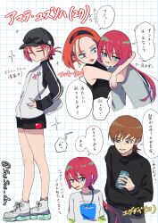 Rule 34 | 1boy, 2girls, aged up, amate yuzuriha, annqi, arrow (symbol), artist name, bag, bare shoulders, baseball cap, brown hair, can, commentary request, earrings, green eyes, gundam, gundam gquuuuuux, hasu 175, hat, highres, holding, holding can, hoop earrings, jacket, jewelry, long hair, long sleeves, makeup, mole, mole under mouth, multiple boys, multiple girls, open mouth, orange hair, pants, red hair, ring, shirt, shoes, short hair, short sleeves, shorts, sleeveless, speech bubble, sportswear, sunglasses, translation request, twitter username, xavier olivette