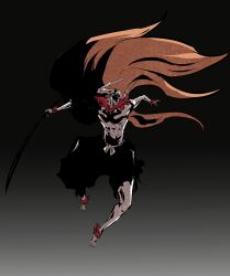 Rule 34 | 1boy, absurdres, black hakama, bleach, body markings, bracelet, colored skin, dark, dynamic pose, full body, fur bracelet, fur collar, hakama, highres, holding, holding sword, holding weapon, hollow (bleach), hollow mask, horns, japanese clothes, jewelry, ken hollow, kurosaki ichigo, long hair, male focus, mask, open mouth, orange hair, shadow, shihakusho, shinigami, simple background, skull mask, sword, tensa zangetsu (bankai), torn clothes, very long hair, weapon, white skin, zanpakutou