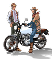 2boys ace_attorney bandana black_hair black_pants blue_pants blue_shirt brothers cowboy_hat facial_hair fingerless_gloves gloves hat helmet highres holding holding_helmet izumi_whale jacket jake_marshall long_sleeves male_focus motor_vehicle motorcycle multiple_boys necktie neil_marshall open_clothes open_jacket pants phoenix_wright:_ace_attorney pink_necktie poncho red_bandana shirt short_hair siblings sleeveless sleeveless_jacket smile white_background white_shirt