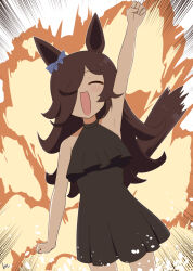 1girl :d black_dress black_hair bow casual closed_eyes commentary cowboy_shot dress ear_bow emphasis_lines explosion facing_viewer hair_over_one_eye halter_dress halterneck highres horse_girl horse_tail kimukimu long_hair open_mouth raised_fist rice_shower_(umamusume) short_dress sleeveless sleeveless_dress smile solo standing tail umamusume umamusume:_beginning_of_a_new_era
