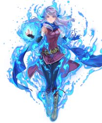 Rule 34 | 1girl, alternate eye color, aura, blue eyes, blue fire, blue headband, breasts, fingerless gloves, fire, fire emblem, fire emblem: radiant dawn, fire emblem engage, fire emblem heroes, gloves, headband, highres, looking at viewer, medium breasts, micaiah (emblem) (fire emblem), micaiah (fire emblem), nintendo, non-web source, official alternate eye color, pantyhose, scarf, smile, solo, suzuki rika, tachi-e, transparent background, white hair