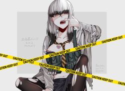 Rule 34 | 1girl, bandaged arm, bandages, black pantyhose, black skirt, blunt bangs, border, breasts, brown eyes, brown necktie, bulletproof vest, caligula (game), caligula (series), caution tape, cleavage, collarbone, collared shirt, colored tips, commentary request, cosplay, dated, diagonal-striped clothes, diagonal-striped necktie, finger in own mouth, fuchigami mai, grey background, grey jacket, highres, jacket, jouhou, long sleeves, looking at viewer, medium breasts, medium hair, mizuguchi marie, mizuguchi marie (cosplay), mouth pull, multicolored hair, navel, necktie, open clothes, open jacket, open mouth, open shirt, outside border, pantyhose, pink pupils, satsuki yomi, shaded face, shirt, simple background, sitting, skirt, solo, stomach, striped clothes, teeth, toji no miko, torn clothes, torn pantyhose, torn skirt, translation request, twitter username, uneven eyes, voice actor connection, white border, white hair, white shirt
