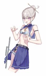 Rule 34 | 1girl, absurdres, arm strap, bare shoulders, belt, blue sailor collar, blue skirt, bra, breasts, cropped legs, grey bra, grey hair, grey panties, hair bun, hair ornament, hairpin, highres, looking at viewer, navel, open mouth, original, panties, pleated skirt, purple eyes, rin yuushi (suumon), sailor collar, side slit, skirt, small breasts, solo, stomach, strapless, strapless bra, suumon, underwear