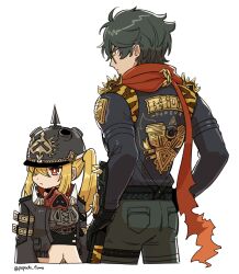 1boy 1girl black_gloves black_hair black_jacket blonde_hair closed_mouth clothes_writing commentary_request crop_top crossed_bangs gloves hair_between_eyes hair_over_one_eye helmet highres jacket lighter_(zenless_zone_zero) long_hair long_sleeves luciana_de_montefio mask mask_around_neck pants popochi_fuwa red_eyes red_scarf scarf shirt simple_background spiked_jacket sunglasses torn_clothes torn_scarf torn_shirt twitter_username white_background zenless_zone_zero