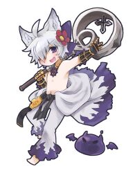 1boy ahoge animal_ears barefoot belt black_belt black_gloves championship_belt clothes_around_waist commentary_request cross cross_necklace cross_of_prontera deviling doroidsan fox_boy fox_ears full_body gauntlets gloves hair_between_eyes hair_over_one_eye highres holding holding_mace holding_weapon jewelry looking_at_viewer mace male_focus necklace open_mouth pants purple_eyes ragnarok_online shirt shirt_around_waist simple_background smile solo sura_(ragnarok_online) topless_male weapon white_background white_hair white_pants white_shirt