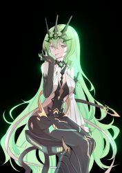 1girl absurdres black_background black_dress black_gloves breasts claw_ring closed_mouth dress elbow_gloves gloves green_eyes green_hair highres honkai_(series) honkai_impact_3rd long_hair medium_breasts mobius_(honkai_impact) simple_background single_elbow_glove single_sleeve sitting slit_pupils smile solo tongue tongue_out very_long_hair wanzituanzimax wavy_hair