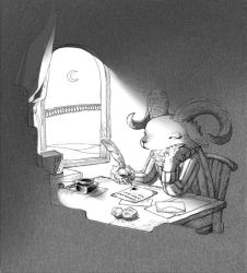 envelope closed_eyes furry goat horns inkwell monochrome moon original paper parallela66 quill window writing
