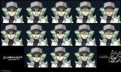 1boy angry black_background black_hat black_shirt blue_background blush clenched_teeth closed_eyes double-parted_bangs dress_shirt english_text expression_chart facing_viewer green_hair grey_eyes grin half-closed_eyes happy hat heterochromia highres long_bangs looking_at_viewer male_focus multiple_expressions n_(pokemon) nintendo nuumigranate parody partially_unbuttoned pokemon pokemon_bw pokemon_bw2 ponytail red_eyes serious shaded_face shirt shirt_under_shirt smile sprite sprite_sheet style_parody sweatdrop teeth upper_body white_shirt yu-gi-oh! yu-gi-oh!_duel_links