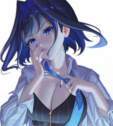 Rule 34 | 1girl, blue eyes, blue hair, blue nails, blue necktie, bow, bow earrings, breasts, earrings, gradient hair, highres, hololive, hololive english, jewelry, large breasts, long long life, looking at viewer, medium hair, multicolored hair, necktie, ouro kronii, shirt, solo, undoing own necktie, virtual youtuber, white shirt, zipper, zipper pull tab