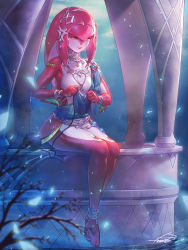 1girl absurdres anklet barefoot breasts colored_skin commentary fins fish_girl full_body hair_ornament highres holding jewelry knitting long_hair medium_breasts mipha monster_girl multicolored_skin nintendo pointy_ears radjeong red_hair red_skin reflection sitting smile solo the_legend_of_zelda the_legend_of_zelda:_breath_of_the_wild water yellow_eyes zora
