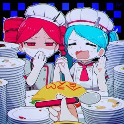 3girls akita_neru alternate_costume alternate_hairstyle black_background black_sleeves blue_hair buttons chef_hat closed_eyes covered_mouth covering_own_mouth crying double-breasted drill_hair flat_chest food fork fried_rice hand_on_own_face hand_over_own_mouth hand_up hat hatsune_miku holding holding_hands holding_spoon imminent_vomiting interlocked_fingers kasane_teto multiple_girls neck_ribbon obsolete_meat_(vocaloid) open_mouth parted_bangs plate plate_stack red_eyes red_hair red_ribbon red_trim ribbon sato_(r017xts117) shirt short_sleeves simple_background sleeves_rolled_up spoon spork sweat table_knife tears tongue triple_baka_(vocaloid) twintails upper_body utau vocaloid weapon white_hat white_shirt yuri