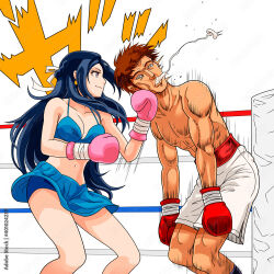 1boy 1girl amakoma_touka boxing boxing_gloves defeat k.o. mixed-sex_combat smile tagme