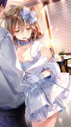 1boy 1girl black_hair window_blinds blush bow breasts brown_hair choker cleavage cocktail_dress collarbone cowboy_shot crying crying_with_eyes_open dress frilled_choker frills frown girl_cafe_gun gloves hair_between_eyes hair_bow hair_bun hand_on_another&#039;s_arm highres indoors lamp layered_dress long_sleeves looking_down medium_breasts medium_hair official_art one_side_up plant potted_plant puffy_long_sleeves puffy_sleeves rectangular_mouth sad shirt short_dress single_side_bun solo_focus streaming_tears su_xiaozhen table tears white_bow white_choker white_dress white_gloves white_shirt yellow_eyes