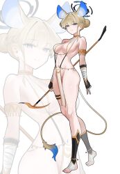 Rule 34 | 1girl, absurdres, alternate costume, animal ears, bare shoulders, bikini, black bikini, black gloves, black socks, blonde hair, blue archive, blue eyes, cat ears, cat girl, cat tail, closed mouth, commentary request, fingerless gloves, gloves, hair bun, highres, holding, holding staff, kneehighs, korean commentary, looking at viewer, pelvic curtain, shoes, socks, solo, staff, swimsuit, tail, toki (blue archive), weiiew, white bikini, white shoes, zoom layer