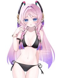 1girl :o alternate_costume armband bare_shoulders bikini black_armband black_bikini blue_eyes blush braid breasts breasts_apart check_commentary citlali_(genshin_impact) collarbone colored_eyelashes commentary_request cowboy_shot facial_mark fingernails forehead_mark genshin_impact gluteal_fold hair_ornament halterneck hand_up highres kino_(curry_pan) long_hair looking_at_viewer medium_breasts multicolored_hair nail_polish navel open_mouth pink_hair pink_pupils purple_hair purple_nails revision side-tie_bikini_bottom solo stomach string_bikini swimsuit very_long_hair