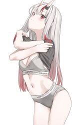 1girl absurdres alternate_costume ass black_shirt brand_name_imitation breasts cleavage closed_mouth clothes_lift clothes_writing commentary crossed_arms gradient_hair grey_hair grey_panties grey_sports_bra hair_between_horns highres hololive horns lifting_own_clothes long_hair looking_at_viewer multicolored_hair nakiri_ayame navel oni panties red_eyes red_hair scarlet_(wv0102) shirt shirt_lift short_sleeves simple_background skin-covered_horns smile solo sports_bra sports_panties standing streaked_hair symbol-only_commentary t-shirt underwear underwear_writing undressing virtual_youtuber white_background