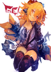 1girl absurdres black_shorts black_thighhighs blonde_hair claws commentary eyewear_hang hair_between_eyes highres kaamin_(mariarose753) kneeling lizard_tail looking_at_viewer off_shoulder original red_eyes reptile_girl sharp_teeth shirt short_shorts shorts simple_background solo tail tank_top teeth thighhighs tokage_(kaamin) unworn_eyewear white_background