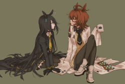 Rule 34 | 2girls, agnes tachyon (umamusume), ahoge, animal print, black choker, black coat, black gloves, black hair, black necktie, black pantyhose, black shirt, black skirt, brown background, brown hair, cat print, chemical structure, choker, closed mouth, coat, collared shirt, cork, crossed legs, cup, ear tag, earrings, gloves, grey hair, hair between eyes, hand up, hem peeking out, highres, holding, holding cup, jewelry, knees up, lab coat, long bangs, long hair, long sleeves, looking at another, manhattan cafe (umamusume), medium hair, mug, multicolored hair, multiple girls, necktie, negitama (nagi), on ground, open clothes, open coat, pantyhose, pen, pleated skirt, red eyes, shirt, simple background, single earring, sitting, skirt, smile, sweater, test tube, umamusume, very long hair, white coat, white trim, yellow eyes, yellow necktie, yellow sweater, yokozuwari, yuri