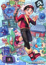 Rule 34 | 1boy, :d, akuo, award ribbon, beanie, berry, berry (pokemon), black jacket, black pants, bluesky logo, brendan (pokemon), building, castform, castform (rainy), cloud, cloudy sky, cover, fingerless gloves, full body, game boy advance, game link cable, game screenshot inset, gen 3 pokemon, gloves, grey eyes, handheld game console, hat, holding, instagram logo, jacket, kyogre, latias, legendary pokemon, lotad, lunatone, male focus, mudkip, multicolored jacket, nintendo, open mouth, oran berry, pants, pecha berry, poke ball, pokeblock case, pokemon, pokemon (creature), pokemon rse, rain, red jacket, red shoes, running, sableye, seviper, shoes, shuppet, sky, smile, sneakers, spanish text, team aqua, teeth, twitter logo, twitter username, two-tone jacket, two-tone pants, upper teeth only, video game cover, watermark, waving, white hat, yellow gloves