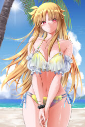 Rule 34 | 1girl, alternate costume, arm strap, bare shoulders, beach, bikini, blonde hair, blush, bracelet, breasts, breasts squeezed together, cleavage, closed mouth, collarbone, commentary request, cowboy shot, day, fate testarossa, highres, horizon, jewelry, large breasts, layered bikini, long hair, looking at viewer, lyrical nanoha, mahou shoujo lyrical nanoha strikers, multi-strapped bikini bottom, multiple bracelets, navel, ocean, one side up, outdoors, own hands together, paid reward available, palm tree, red eyes, sand, shore, side-tie bikini bottom, sky, solo, sougetsu izuki, string bikini, swimsuit, tree
