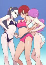 3girls arm_hug armpits ass belly_grab bikini black_bikini black_eyes black_hair blue_bikini breasts flab glasses gradient_background heartcatch_precure! highleg highleg_bikini kenjou_akira kirakira_precure_a_la_mode kotozume_yukari large_breasts long_hair multiple_girls muramura_hito navel pink_bikini ponytail precure purple_eyes purple_hair red_eyes red_hair scrunchie short_hair small_breasts sweatdrop swimsuit tsukikage_yuri yuri