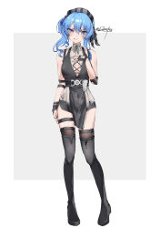 1girl absurdres beret black_hat black_shirt black_shorts black_thighhighs blue_eyes blue_hair boots breasts cosplay female_rover_(wuthering_waves) female_rover_(wuthering_waves)_(cosplay) fingerless_gloves full_body gloves grin hat highres hololive hoshimachi_suisei medium_breasts pelvic_curtain rainatsuu rover_(wuthering_waves) shirt shorts side_ponytail sleeveless sleeveless_shirt smile solo standing star_(symbol) star_in_eye symbol_in_eye thigh_boots thighhighs virtual_youtuber wuthering_waves