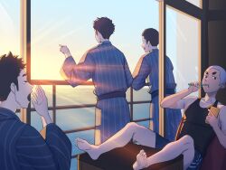 4boys barefoot bath_yukata black_hair black_shorts black_tank_top blue_kimono blue_sash blue_sky brown_eyes brushing_teeth cellphone holding holding_phone holding_toothbrush japanese_clothes kimono looking_at_phone male_focus morning multiple_boys ocean open_mouth original phone sash shaved_head short_hair shorts sitting sky slice_of_life smartphone standing striped_clothes striped_kimono sun sunrise tan tank_top tanline tettabuzz toothbrush toothbrush_in_mouth water yawning yukata