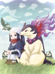 1girl akari_(pokemon) bird black_hair black_shirt brown_footwear closed_mouth commentary_request day gen_4_pokemon grass grey_eyes grey_jacket headscarf hepu2rabbits_(epuusa) highres hisuian_typhlosion jacket long_hair nintendo outdoors pokemon pokemon_(creature) pokemon_legends:_arceus ponytail red_scarf scarf shirt shoes sidelocks sitting sky socks starly white_headscarf white_socks