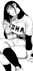 Rule 34 | 1girl, agawa sensei (strikeout pitch), arm support, baseball jersey, baseball uniform, belt, blush, bottle, breasts, calpis, choppy bangs, clothes writing, crossed legs, greyscale, head tilt, highres, holding, holding bottle, ireading, jersey, large breasts, layered sleeves, long hair, long sleeves, looking at viewer, mole, mole under eye, monochrome, pants, parted lips, print shirt, sanpaku, screentones, shirt, shirt tucked in, shirt under shirt, shoes, short over long sleeves, short sleeves, simple background, sitting, small sweatdrop, sneakers, socks over pants, solo, sportswear, strikeout pitch, turtleneck, turtleneck shirt, undershirt, white background