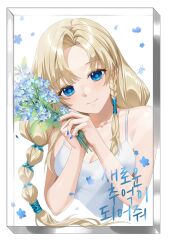 1girl acrylic_stand_(object) bare_shoulders blonde_hair blony_(mabinogi) blue_eyes breasts cleavage flower gom-iuneunsoli highres holding holding_flower looking_at_viewer mabinogi medium_breasts smile