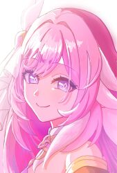 Rule 34 | 1girl, commentary request, diamond-shaped pupils, diamond (shape), elysia (herrscher of human: ego) (honkai impact), elysia (honkai impact), highres, honkai (series), honkai impact 3rd, long hair, looking at viewer, pink hair, portrait, purple eyes, simple background, smile, solo, symbol-shaped pupils, triquetra, veil, very long hair, vlh3tu, white background, white veil