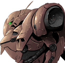 Rule 34 | from side, gatakk, gerbera tetra, glowing, glowing eye, green hair, gundam, gundam 0083, highres, looking ahead, mecha, mobile suit, one-eyed, robot, solo, upper body, white background, zeon