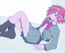 Rule 34 | 1girl, :|, against wall, aijou karen, aqua jacket, aqua skirt, arm rest, black socks, bow, bowtie, breast pocket, brown eyes, brown hair, closed mouth, collared shirt, crossed ankles, crown hair ornament, fingernails, full body, grey background, hair between eyes, jacket, long sleeves, looking ahead, miniskirt, no shoes, open clothes, open jacket, pleated skirt, pocket, purple bow, purple bowtie, reclining, rei931218, shirt, shirt tucked in, short hair, shoujo kageki revue starlight, skirt, socks, solo, sweat, two-tone background, two side up, white background, white shirt