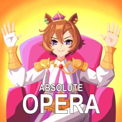 Rule 34 | &gt;:), 1girl, absolute cinema (meme), aiguillette, animal ears, arched crown, armchair, bracer, brooch, brown hair, chair, commentary, crown, dot nose, ear ornament, english commentary, english text, figure four sitting, fingerless gloves, gem, gloves, gold ring, gradient background, gribberoni, hair between eyes, hands up, highres, horse ears, horse girl, image macro (meme), jewelry, long sleeves, meme, mini crown, multiple rings, pendant, pink crown, puffy long sleeves, puffy sleeves, purple eyes, ring, shirt, short hair, shoulder guard, single glove, sitting, smile, split mouth, t.m. opera o (umamusume), thumb ring, tilted headwear, two-tone skirt, umamusume, upper body, v-shaped eyebrows, vector art, white gloves, white shirt, yellow background