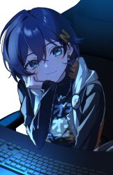 1girl belle_(zenless_zone_zero) blue_eyes blue_hair chair closed_mouth computer_keyboard crossed_bangs eyelashes hair_between_eyes hair_ornament hatuki_82 highres hood hood_down jewelry long_sleeves looking_at_viewer necklace office_chair on_chair short_hair simple_background sitting sleeves_past_wrists solo swivel_chair twitter_username upper_body white_background zenless_zone_zero