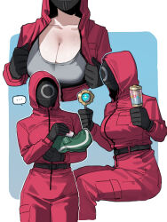 1girl absurdres baby belt black_belt black_gloves blue_background breasts carrying carrying_baby carrying_person character_request cleavage copyright_request feeding gloves grey_tank_top highres holding holding_rattle hood hood_up jumpsuit large_breasts mask ratatatat74 rattle red_jumpsuit sitting standing sweat tank_top toy
